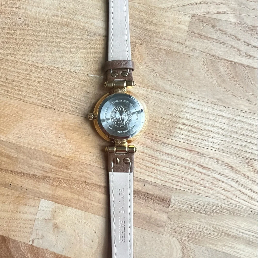 Anne Klein ladies round brown leather dress watch NEW BATTERY